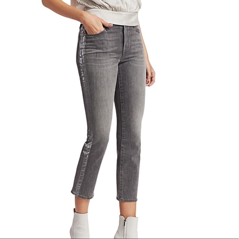 Frame Le High Straight Leg Foil Tuxedo Stripe Jeans Size 26 in Gray Field Foil